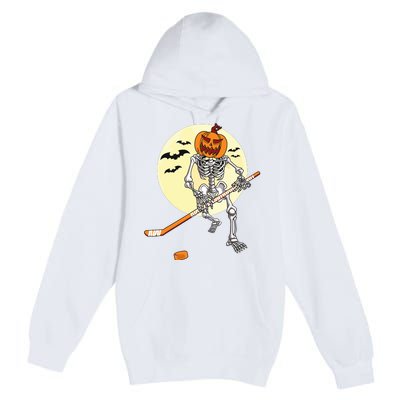 Skeleton Ice Hockey Halloween Cool Pumpkin Boy Premium Pullover Hoodie