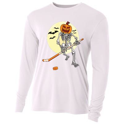 Skeleton Ice Hockey Halloween Cool Pumpkin Boy Cooling Performance Long Sleeve Crew