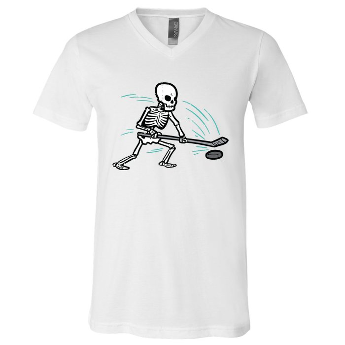 Skeleton Ice Hockey Halloween Costume Boy V-Neck T-Shirt