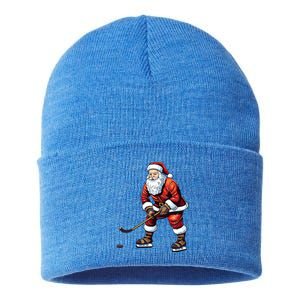 Santa Ice Hockey Santa Claus Playing Ice Hockey Xmas Funny Gift Sustainable Knit Beanie