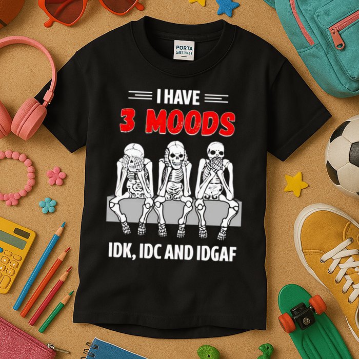 Skeleton I Have 3 Moods IDK IDC And IDGAF Kids T-Shirt