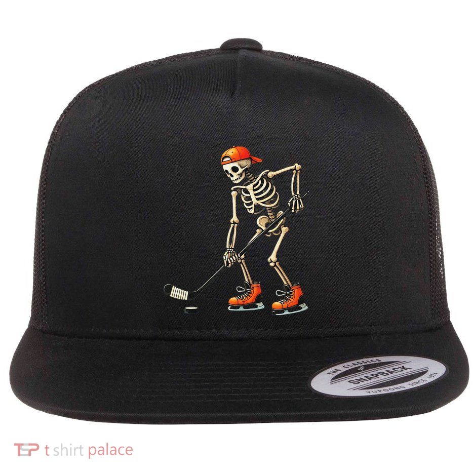 Skeleton Ice Hockey Halloween Costume Gift Flat Bill Trucker Hat