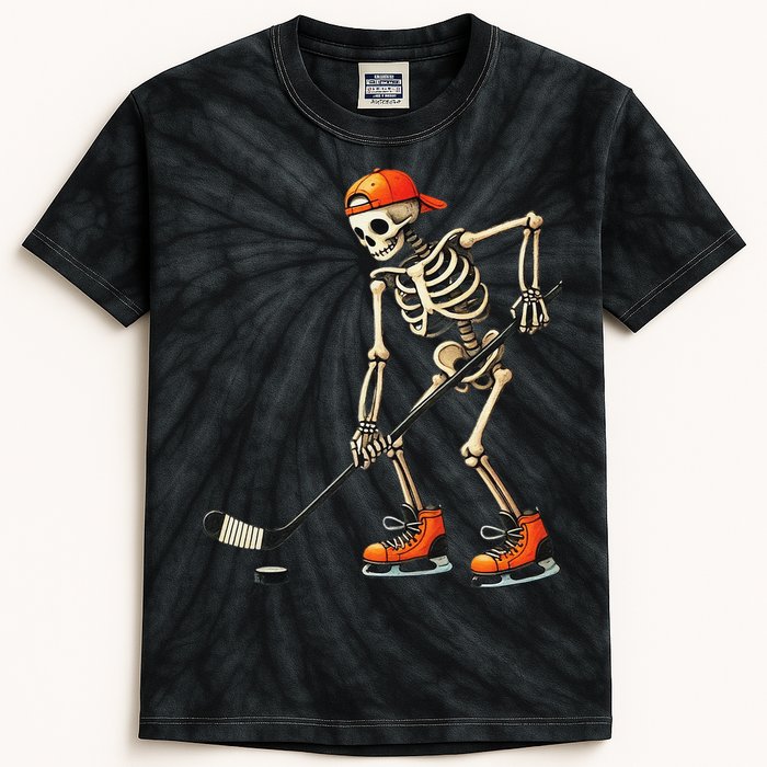 Skeleton Ice Hockey Halloween Costume Gift Kids Tie-Dye T-Shirt