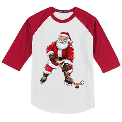 Santa Ice Hockey Santa Claus Playing Ice Hockey Christmas Funny Gift Kids Colorblock Raglan Jersey