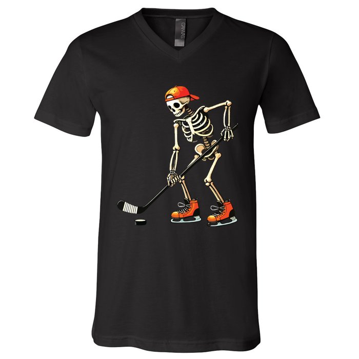 Skeleton Ice Hockey Halloween V-Neck T-Shirt