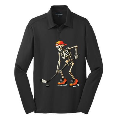 Skeleton Ice Hockey Halloween Silk Touch Performance Long Sleeve Polo