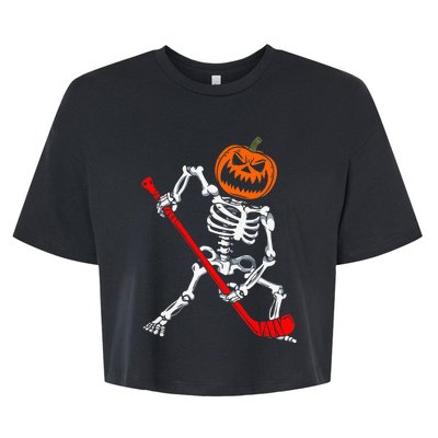 Skeleton Ice Hockey Halloween Pumpkin Hockey Bella+Canvas Jersey Crop Tee