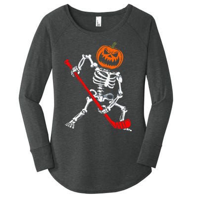 Skeleton Ice Hockey Halloween Pumpkin Hockey Women's Perfect Tri Tunic Long Sleeve Shirt