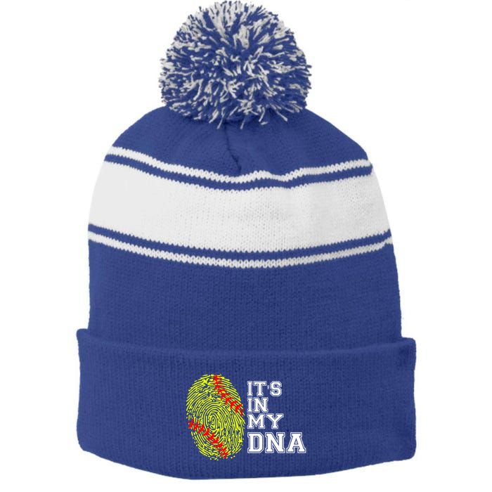 Softball It's In My Dna Fingerprint Catcher And Pitcher Meaningful Gift Stripe Pom Pom Beanie