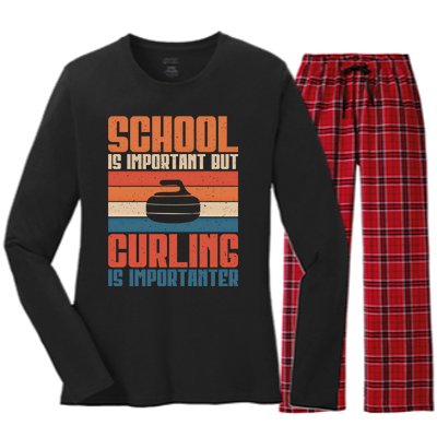 School Is Important But Curling Is Importanter Curling Gift Women's Long Sleeve Flannel Pajama Set 