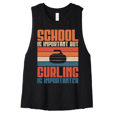 School Is Important But Curling Is Importanter Curling Gift Women's Racerback Cropped Tank