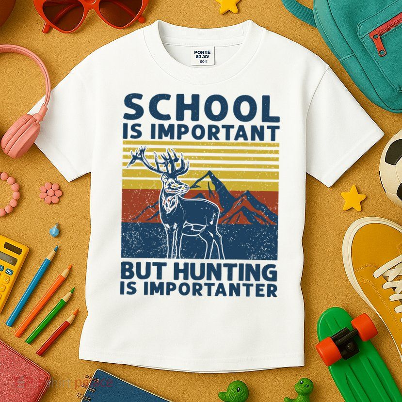 School Is Important But Hunting Is Importanter Deer Hunting Kids T-Shirt