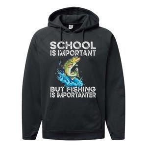 School Is Important But Fishing Is Importanter Funny Fishing Performance Fleece Hoodie