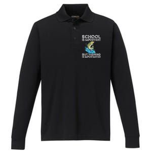 School Is Important But Fishing Is Importanter Funny Fishing Performance Long Sleeve Polo