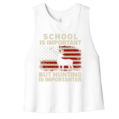 School Is Important But Hunting Is Importanter USA FLag Women's Racerback Cropped Tank