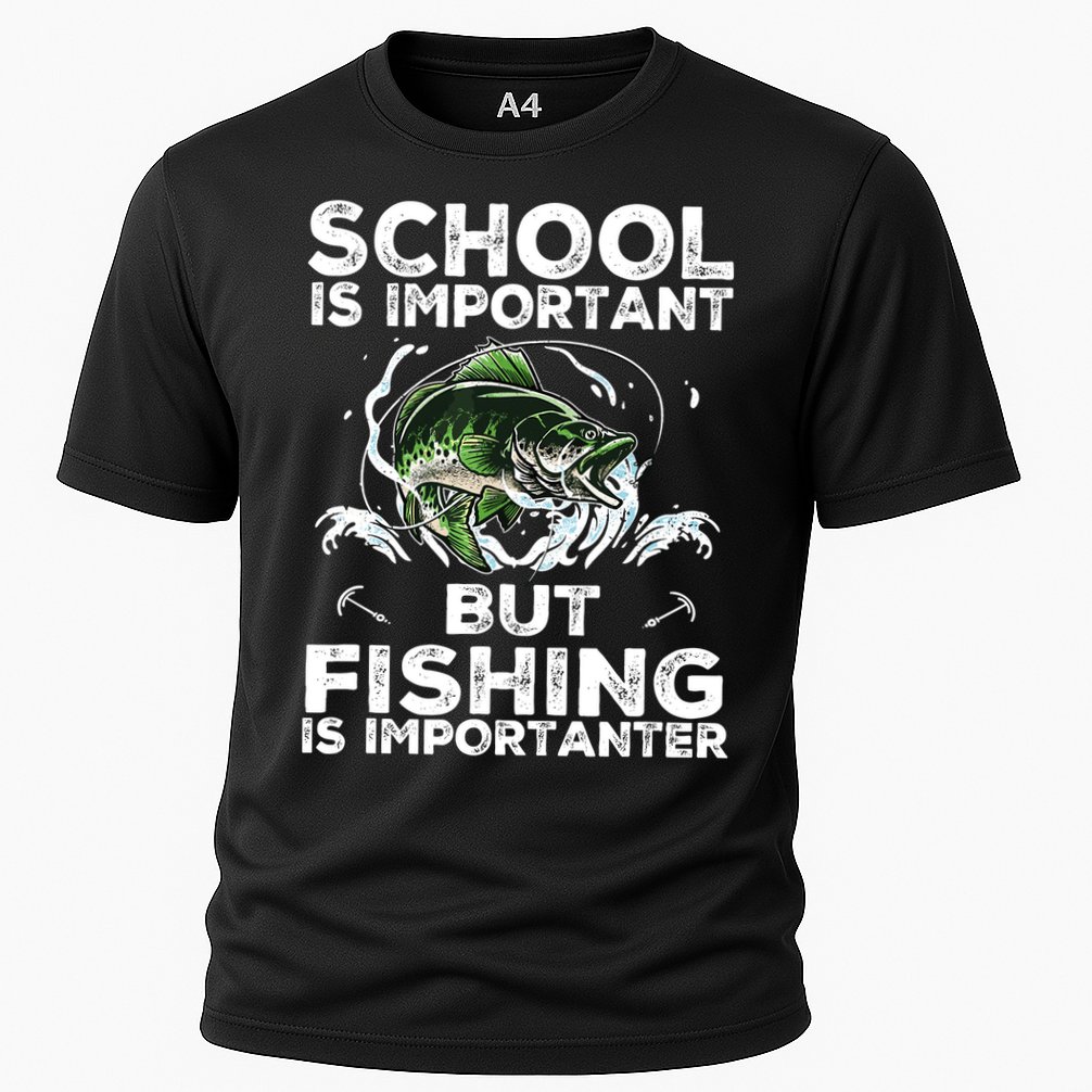 School Is Important But Fishing Is Importanter Funny Fishing Cooling Performance Crew T-Shirt