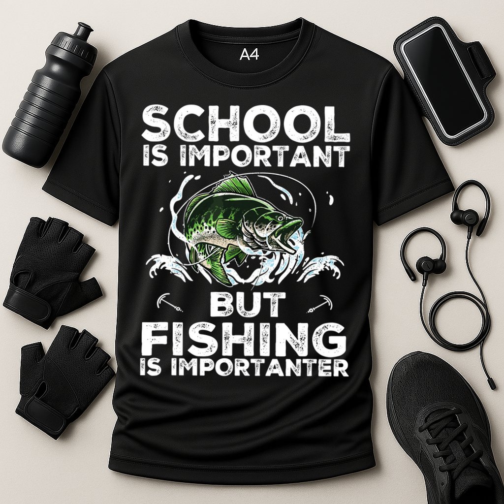 School Is Important But Fishing Is Importanter Funny Fishing Cooling Performance Crew T-Shirt