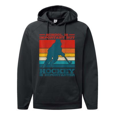 School Is Important But Hockey Is Importanter Funny Gift Performance Fleece Hoodie