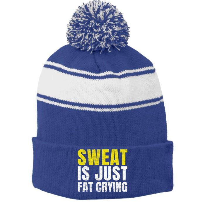 Sweat Is Just Fat Crying Funny Workout Gym Gift Cool Gift Stripe Pom Pom Beanie