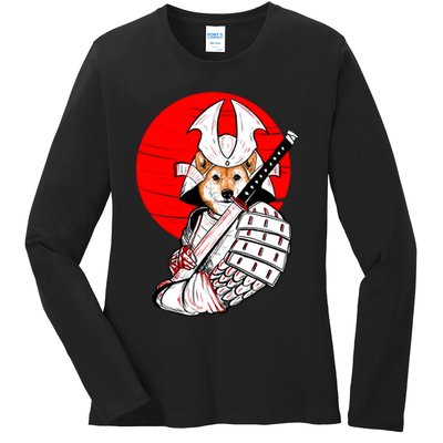 Shiba Inu Japanese Samurai Katana - Funny Dog Meme Anime  Ladies Long Sleeve Shirt
