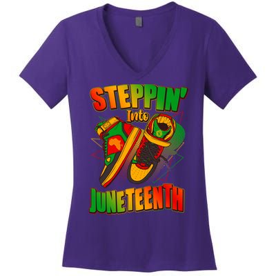 Steppin Into Juneteenth Sneaker Gym Shoes Celebrate Juneteenth Women's V-Neck T-Shirt