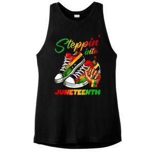 Stepping Into Juneteenth Afro Woman Black Sneakers Ladies PosiCharge Tri-Blend Wicking Tank