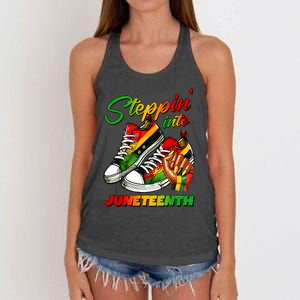 Stepping Into Juneteenth Afro Woman Black Sneakers Women's Knotted Racerback Tank