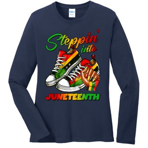 Stepping Into Juneteenth Afro Woman Black Sneakers Ladies Long Sleeve Shirt