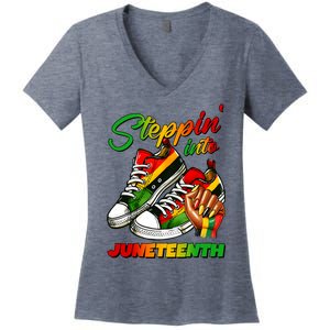 Stepping Into Juneteenth Afro Woman Black Sneakers Women's V-Neck T-Shirt