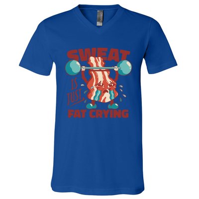 Sweat Is Just Fat Crying Funny Bacon Lifting Weights Gift V-Neck T-Shirt