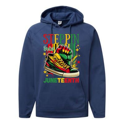 Stepping Into Juneteenth Afro Woman Black Sneakers Performance Fleece Hoodie