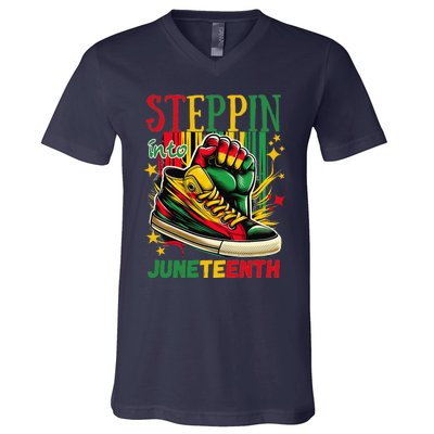 Stepping Into Juneteenth Afro Woman Black Sneakers V-Neck T-Shirt