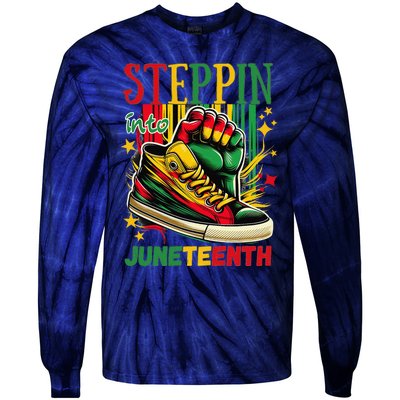 Stepping Into Juneteenth Afro Woman Black Sneakers Tie-Dye Long Sleeve Shirt