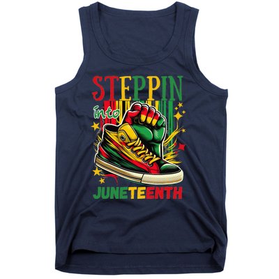 Stepping Into Juneteenth Afro Woman Black Sneakers Tank Top