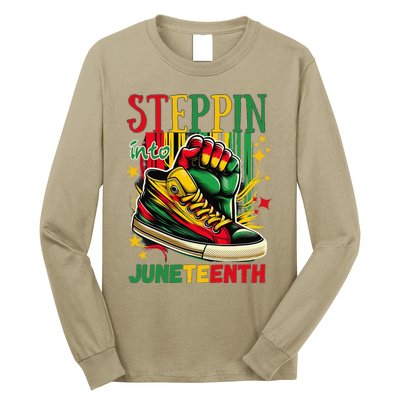 Stepping Into Juneteenth Afro Woman Black Sneakers Long Sleeve Shirt