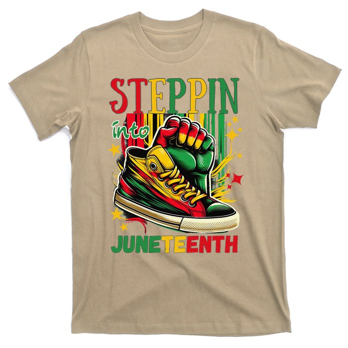 Stepping Into Juneteenth Afro Woman Black Sneakers T-Shirt