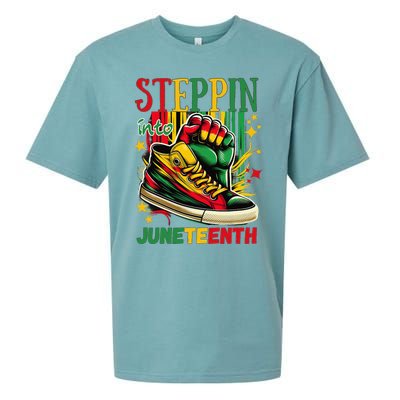 Stepping Into Juneteenth Afro Woman Black Sneakers Sueded Cloud Jersey T-Shirt