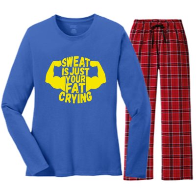 Sweat Is Just Your Fat Crying Funny Workout Gym Fitness Gift Women's Long Sleeve Flannel Pajama Set 