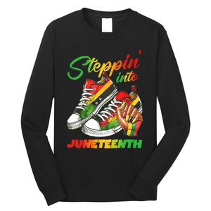 Stepping Into Juneteenth Afro Woman Black Sneakers Long Sleeve Shirt