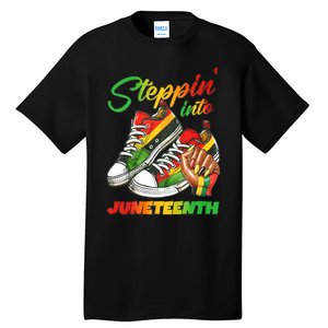 Stepping Into Juneteenth Afro Woman Black Sneakers Tall T-Shirt