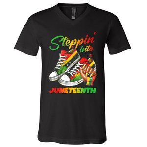 Stepping Into Juneteenth Afro Woman Black Sneakers V-Neck T-Shirt