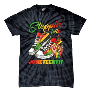 Stepping Into Juneteenth Afro Woman Black Sneakers Tie-Dye T-Shirt