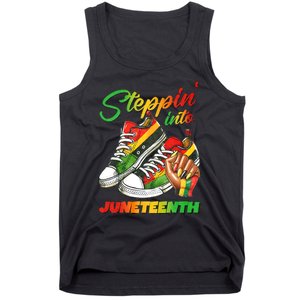 Stepping Into Juneteenth Afro Woman Black Sneakers Tank Top