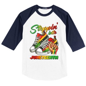 Stepping Into Juneteenth Afro Woman Black Sneakers Baseball Sleeve Shirt