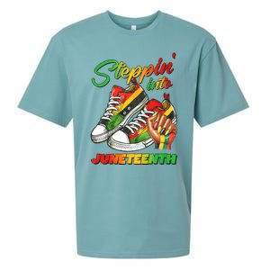 Stepping Into Juneteenth Afro Woman Black Sneakers Sueded Cloud Jersey T-Shirt