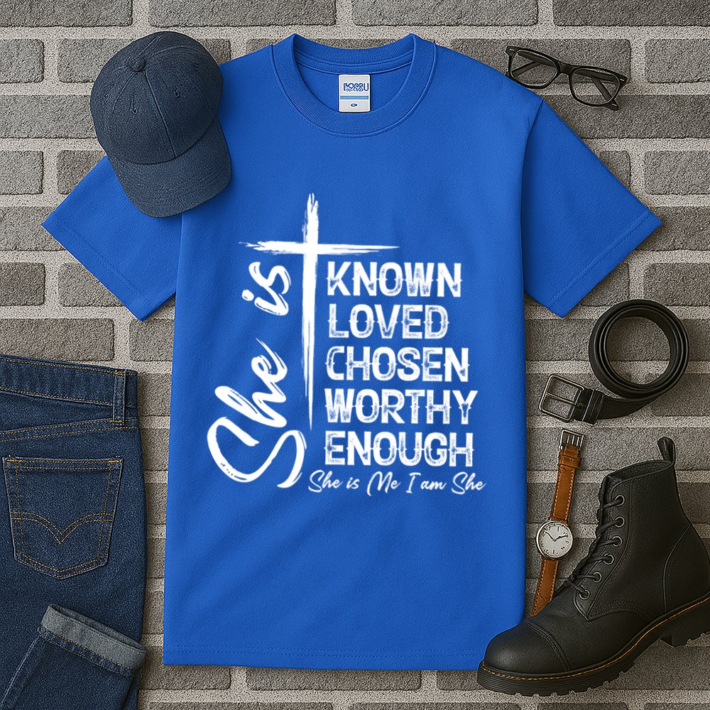 She Is Known Loved Chosen Worthy Enough She Is Me I Am She Gift Tall T-Shirt