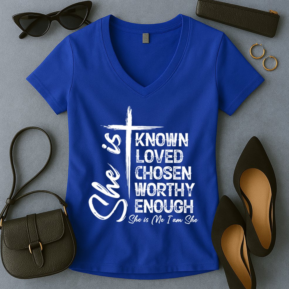 She Is Known Loved Chosen Worthy Enough She Is Me I Am She Gift Women's V-Neck T-Shirt