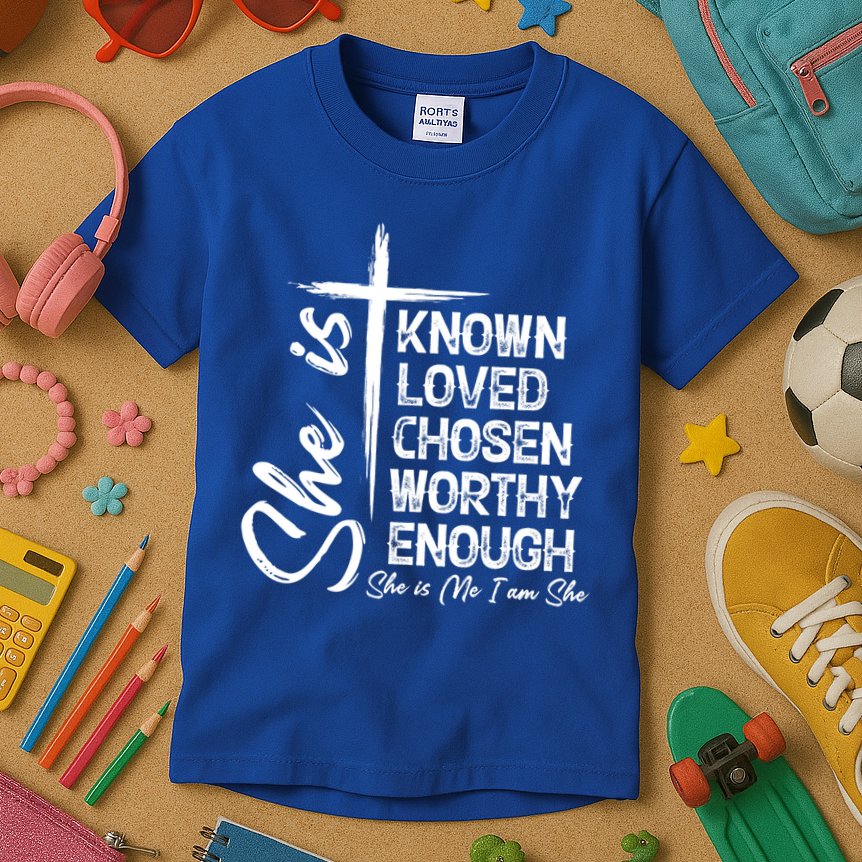 She Is Known Loved Chosen Worthy Enough She Is Me I Am She Gift Kids T-Shirt