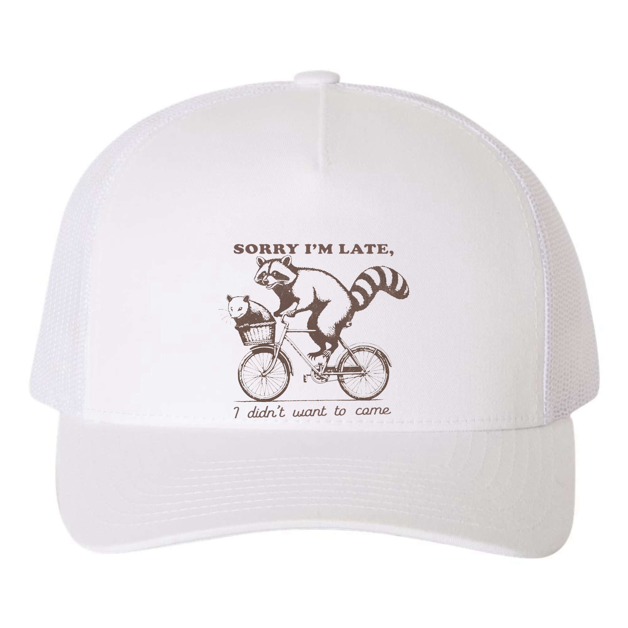 Sorry IM Late I DidnT Want To Come Racoon Yupoong Adult 5-Panel Trucker Hat