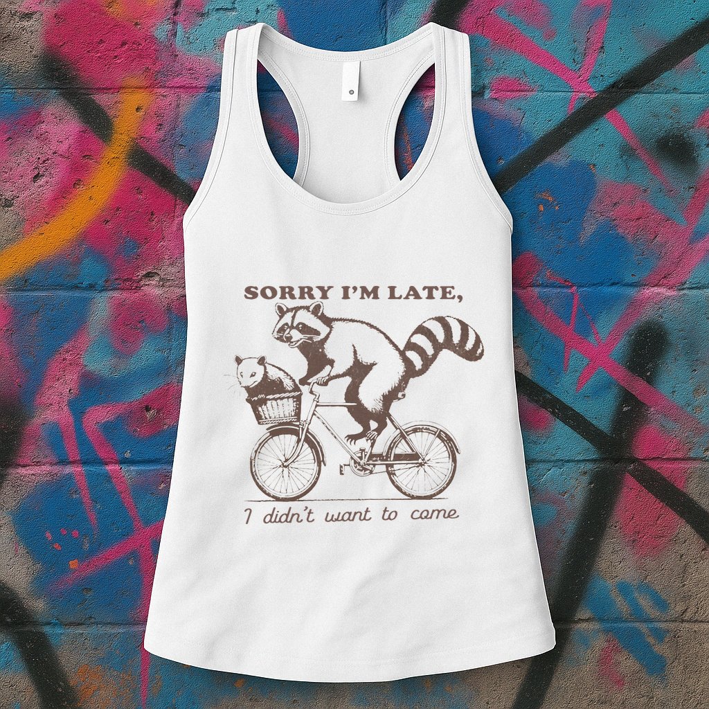 Sorry IM Late I DidnT Want To Come Racoon Womens Tank Top